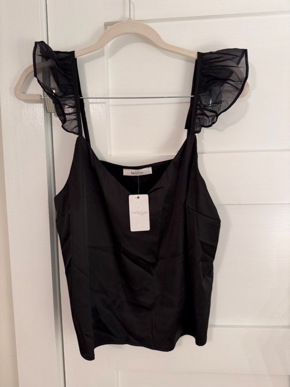 NWT Lalavon Black Ruffle Strap Tank Top